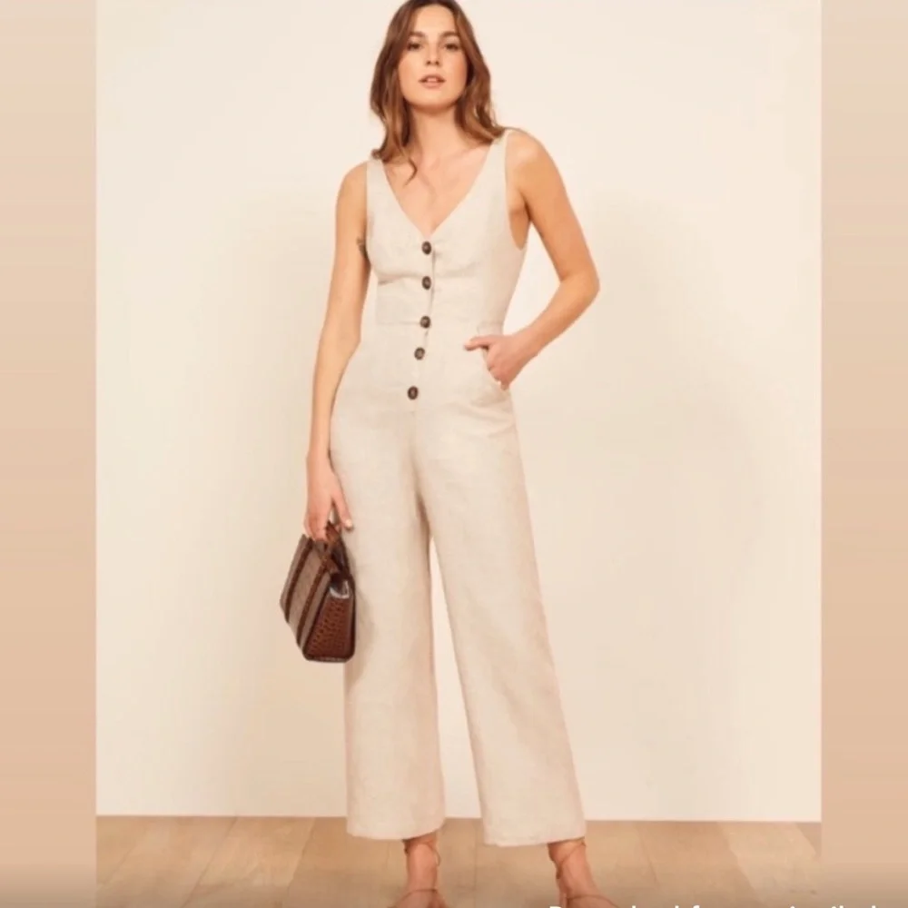 Reformation Vera Jumpsuit Linen Cream Beige V Neck Button Front Wide Leg Size 0